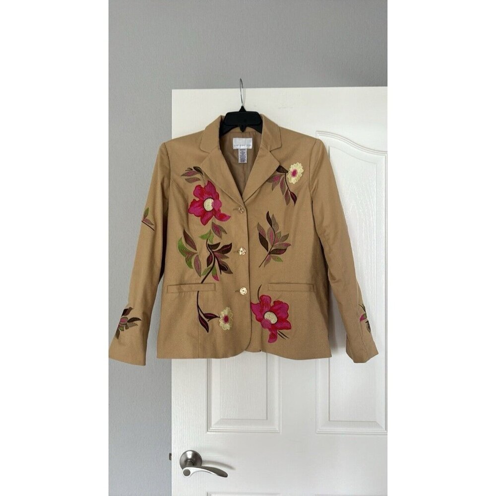 Susan Graves Long Sleeve Tan Floral Embroidered Lined Blazer Jacket Medium - Picture 1 of 7